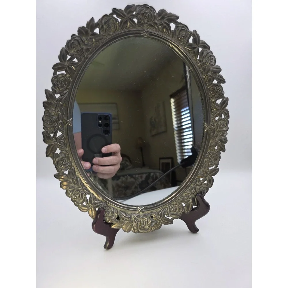 Vintage Oval Mirror Ornate‎ Rose Frame Bronze Gold Tone Vanity Decor 10